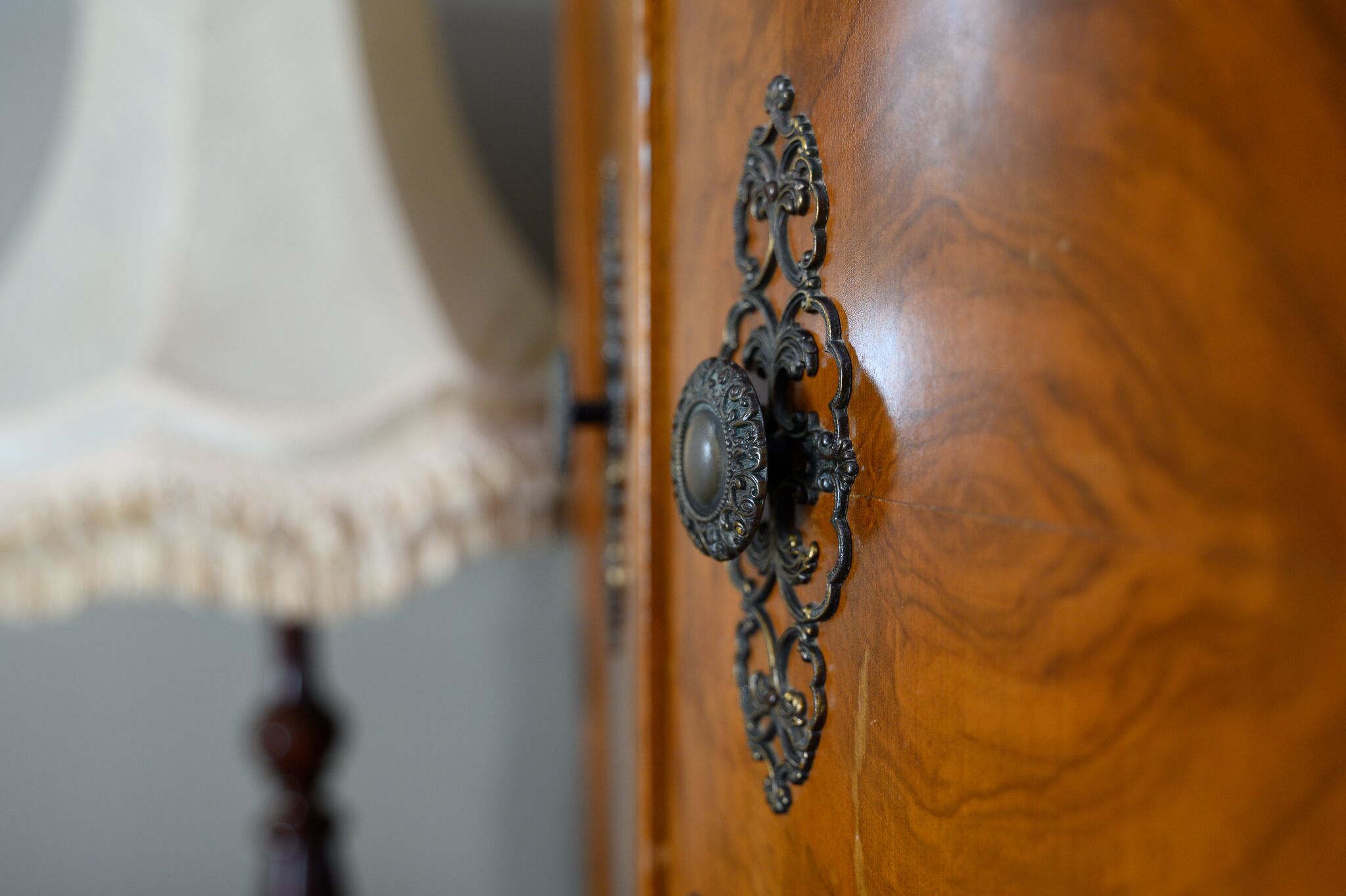 A wooden door with an ornate metal handle.