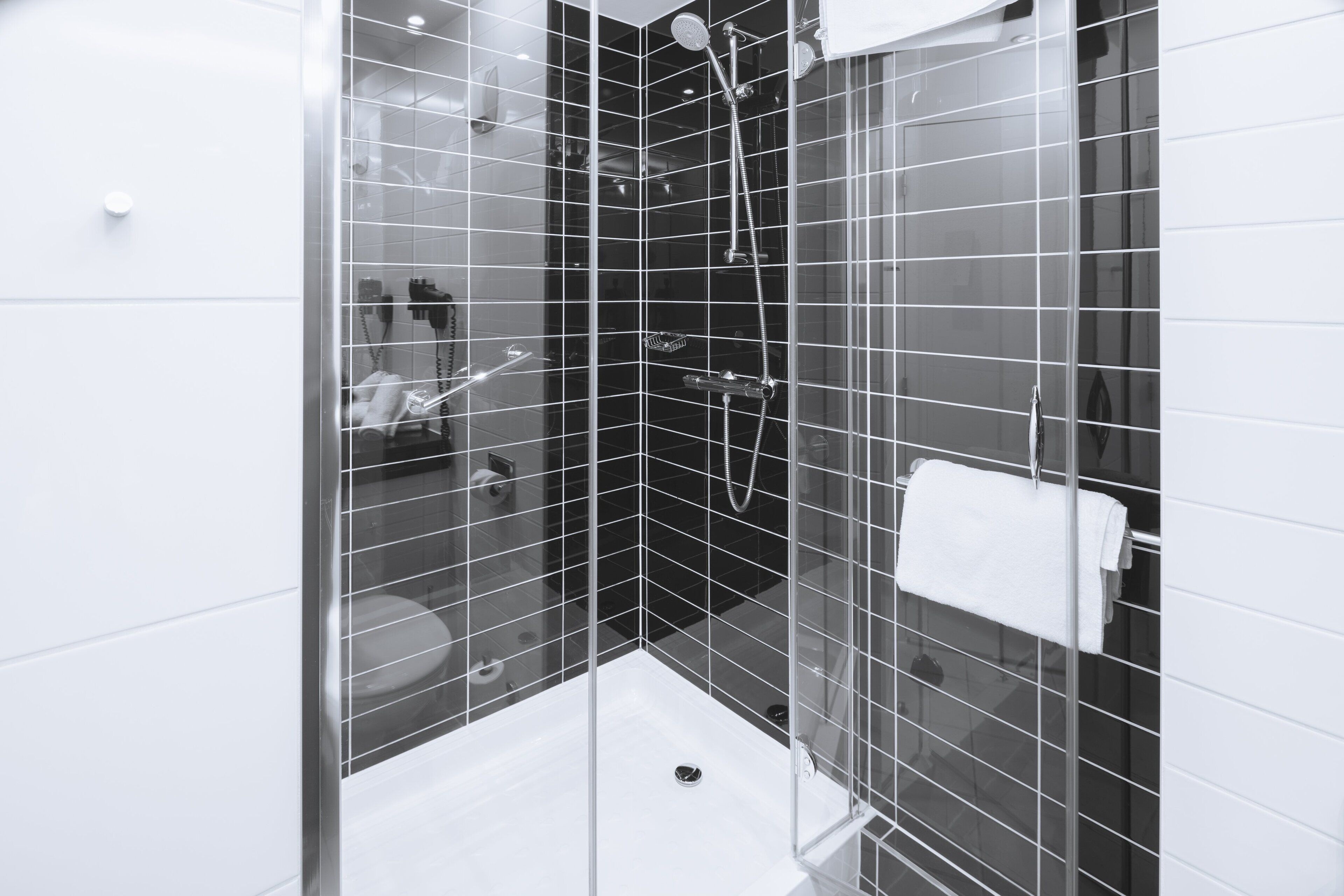 Shower, free toiletries, hair dryer, towels