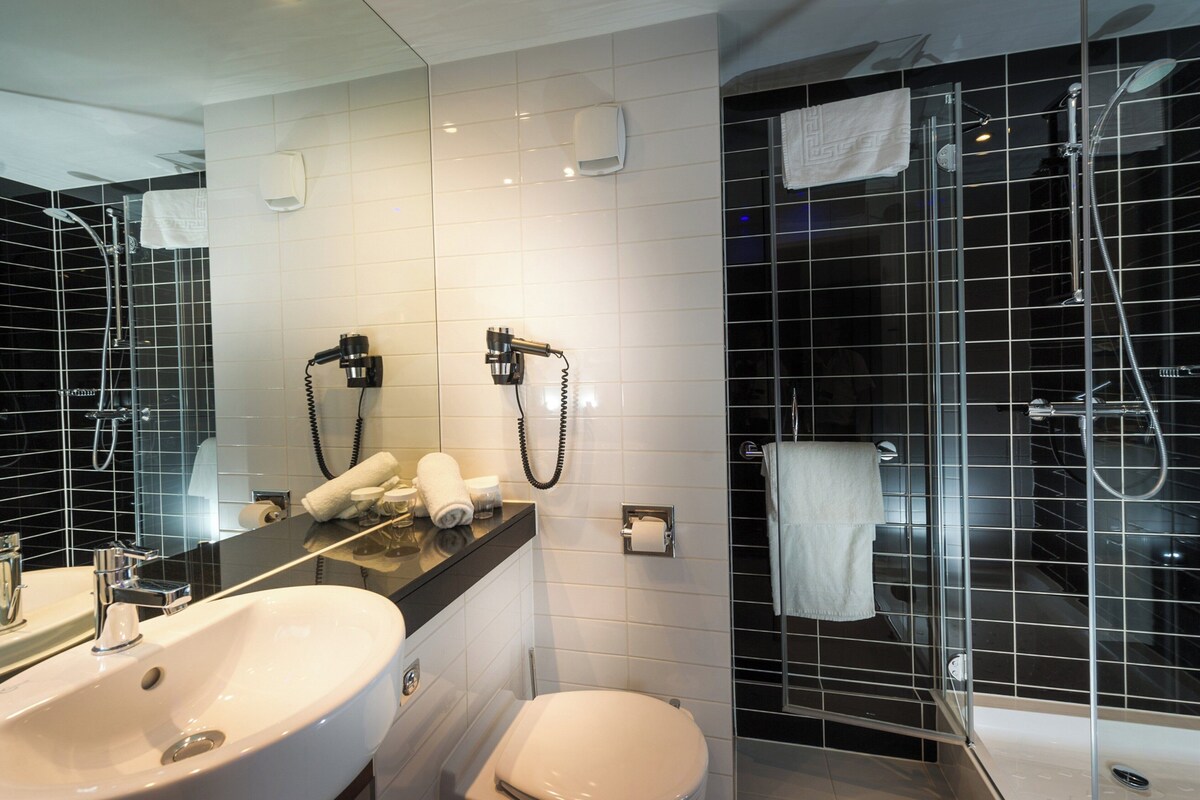 Ein modernes Badezimmer mit einem großen Waschbecken, Toilette und einer Duschkabine.