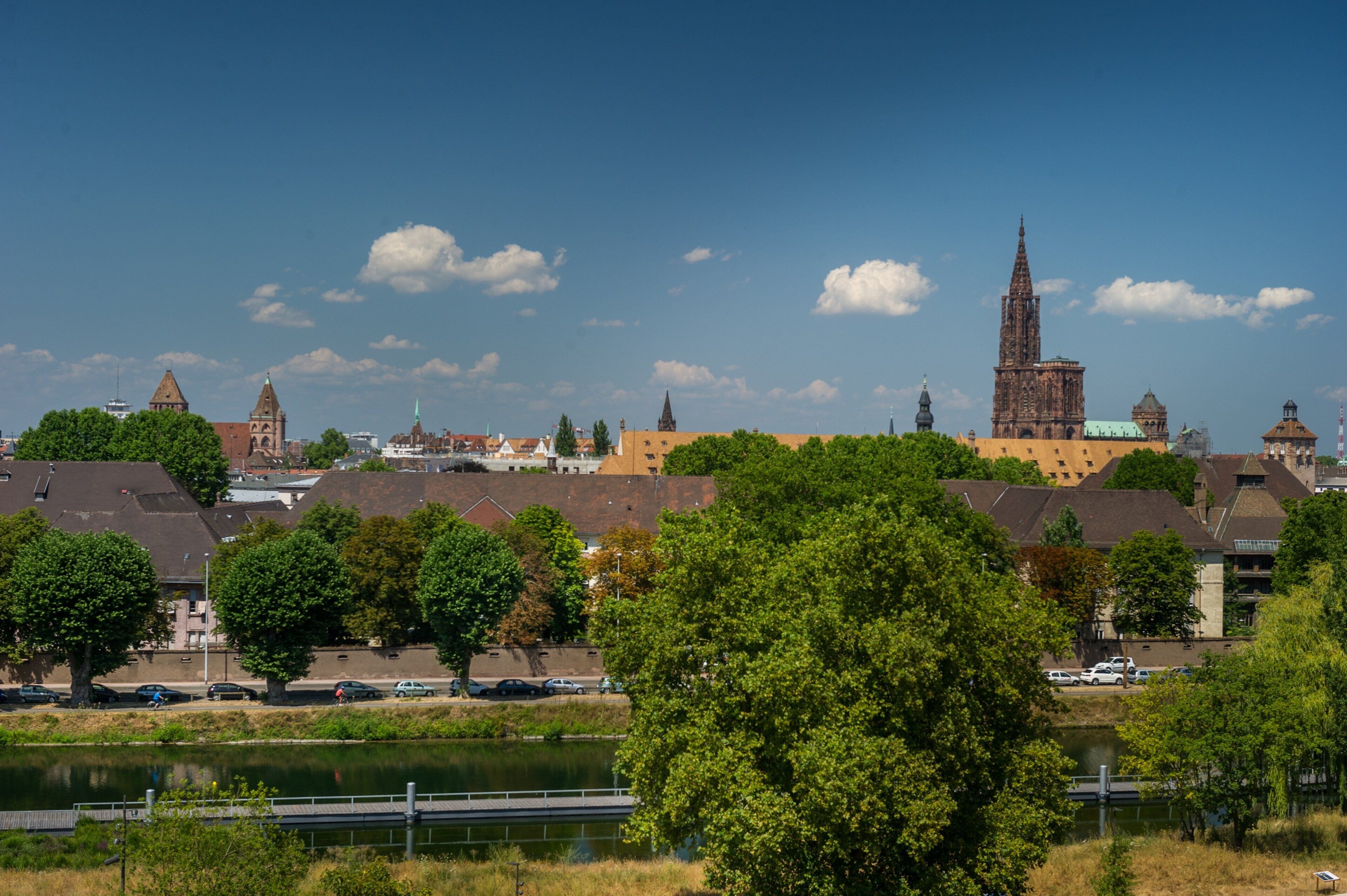 A riverside view of a historic town with prominent architecture, including a tall tower and a church.