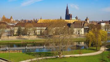 A riverside park with a bridge, buildings, and a prominent tower in the background.