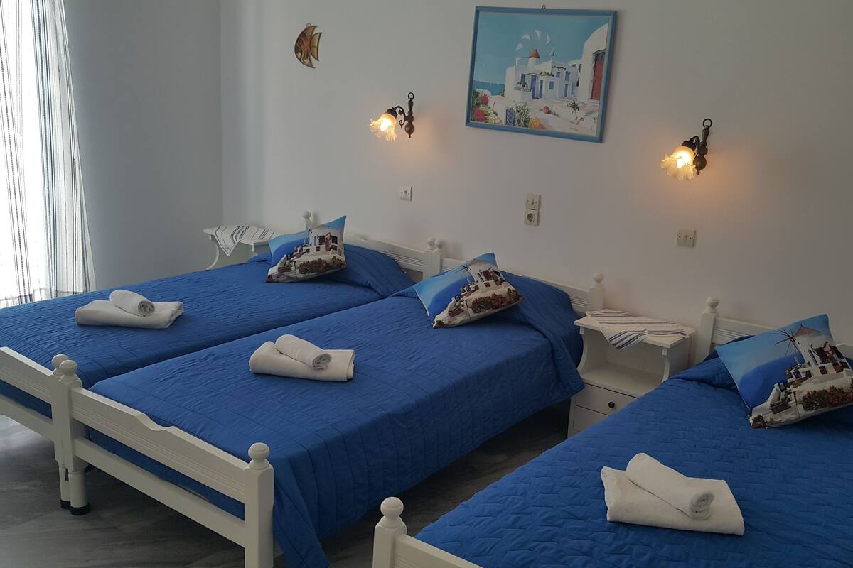 A hotel room with two beds, each with blue bedding and decorative pillows, a small bedside table with a lamp, and a wall-mounted picture of a coastal scene.