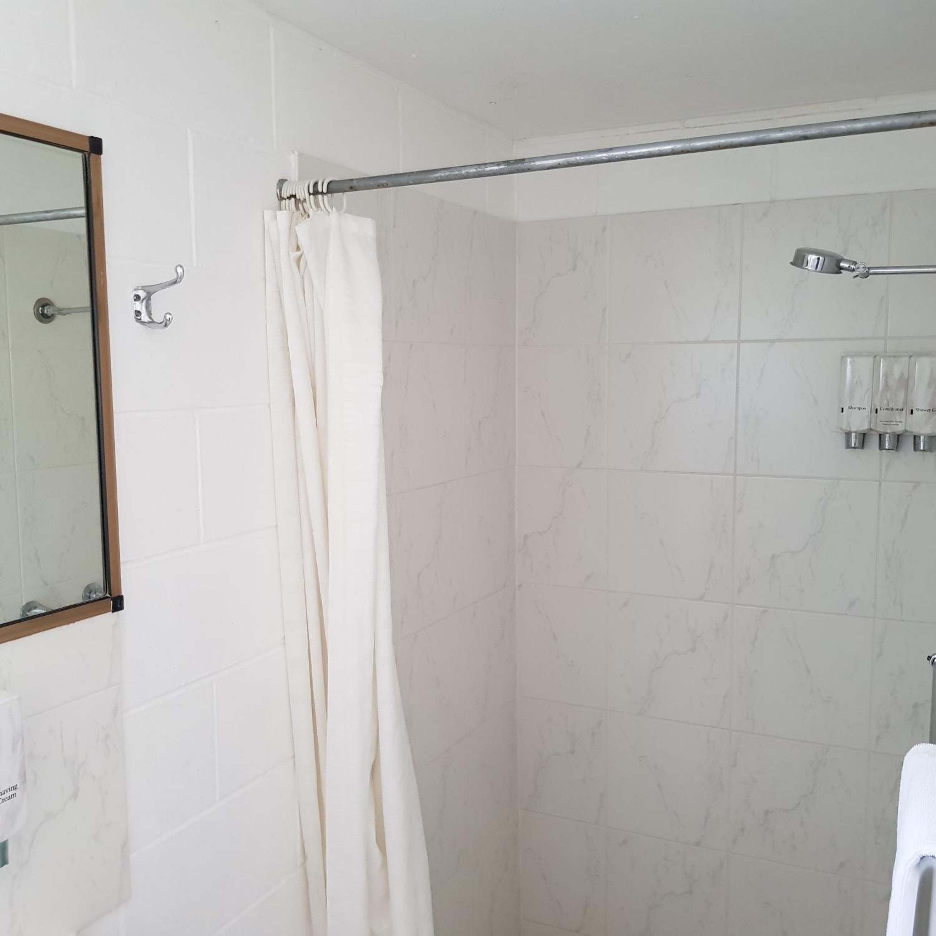 Shower, free toiletries, hair dryer, towels