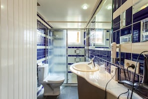 Hair dryer, towels, soap, shampoo