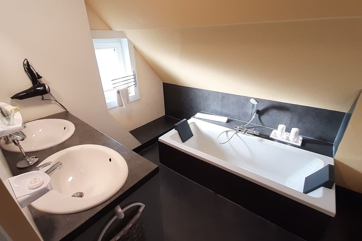 double room (xxl) | bathroom | hair dryer, towels, soap, shampoo