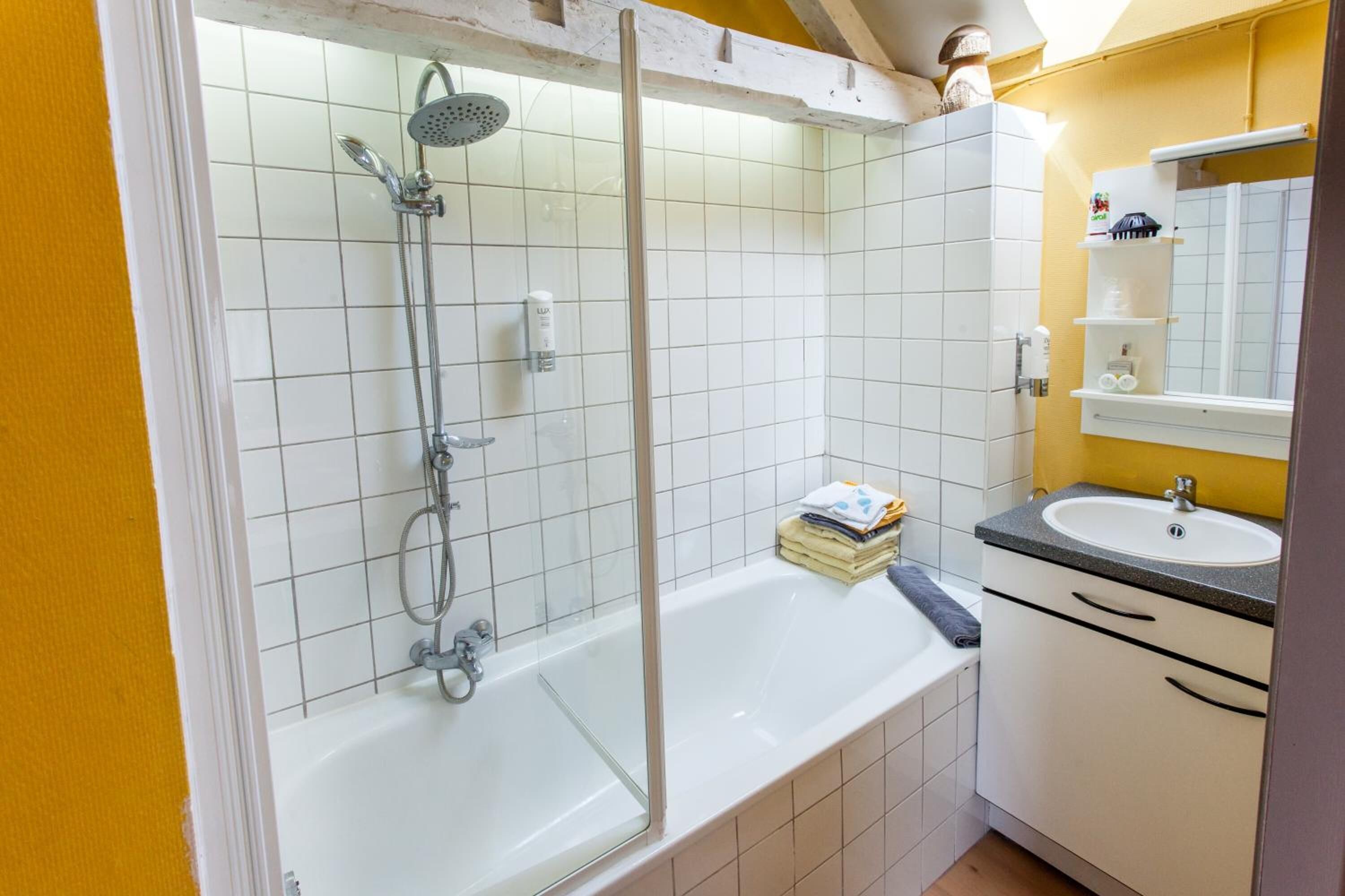 hair dryer, towels, soap, shampoo