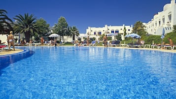 Outdoor pool, pool umbrellas, pool loungers