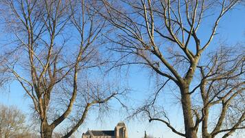 Un parc avec des arbres sans feuilles et, au fond, un bâtiment historique.