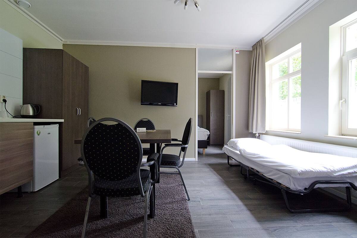 A compact hotel room with a bed, a desk with a chair, a television, and a kitchenette.