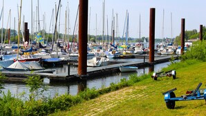 Ein Yachthafen mit zahlreichen angestuften Booten, umgeben von Grünflächen und blauem Himmel.