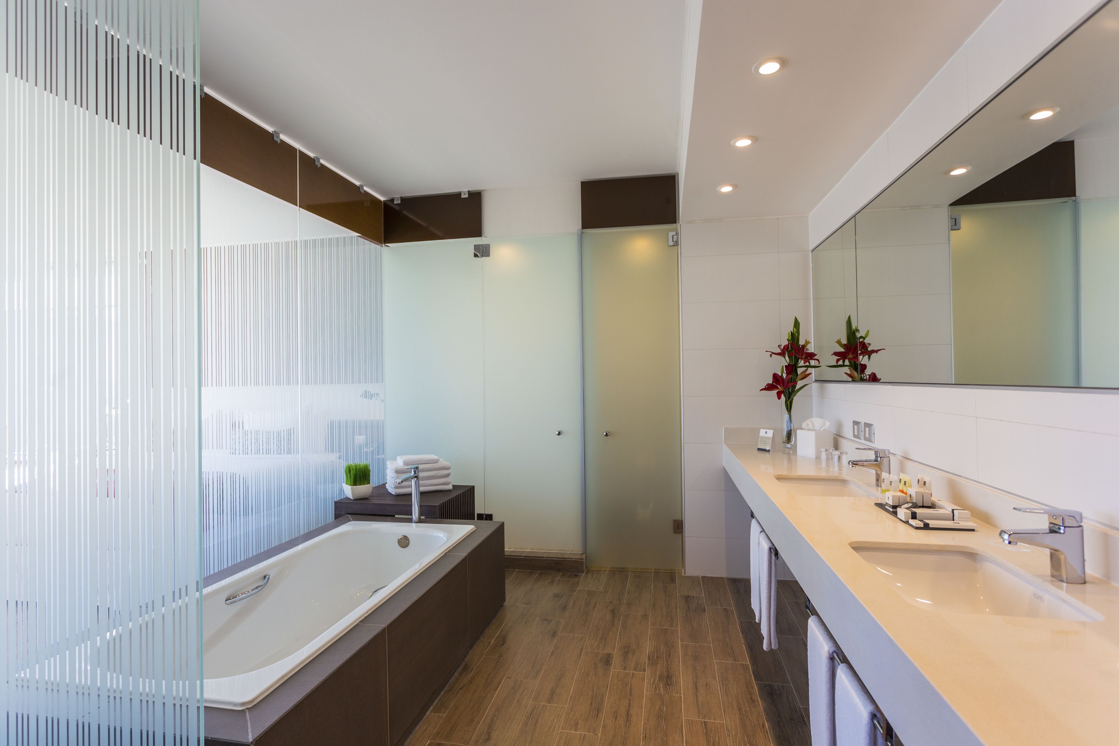 junior suite | bathroom | combined shower/bathtub, free toiletries, hair dryer, towels