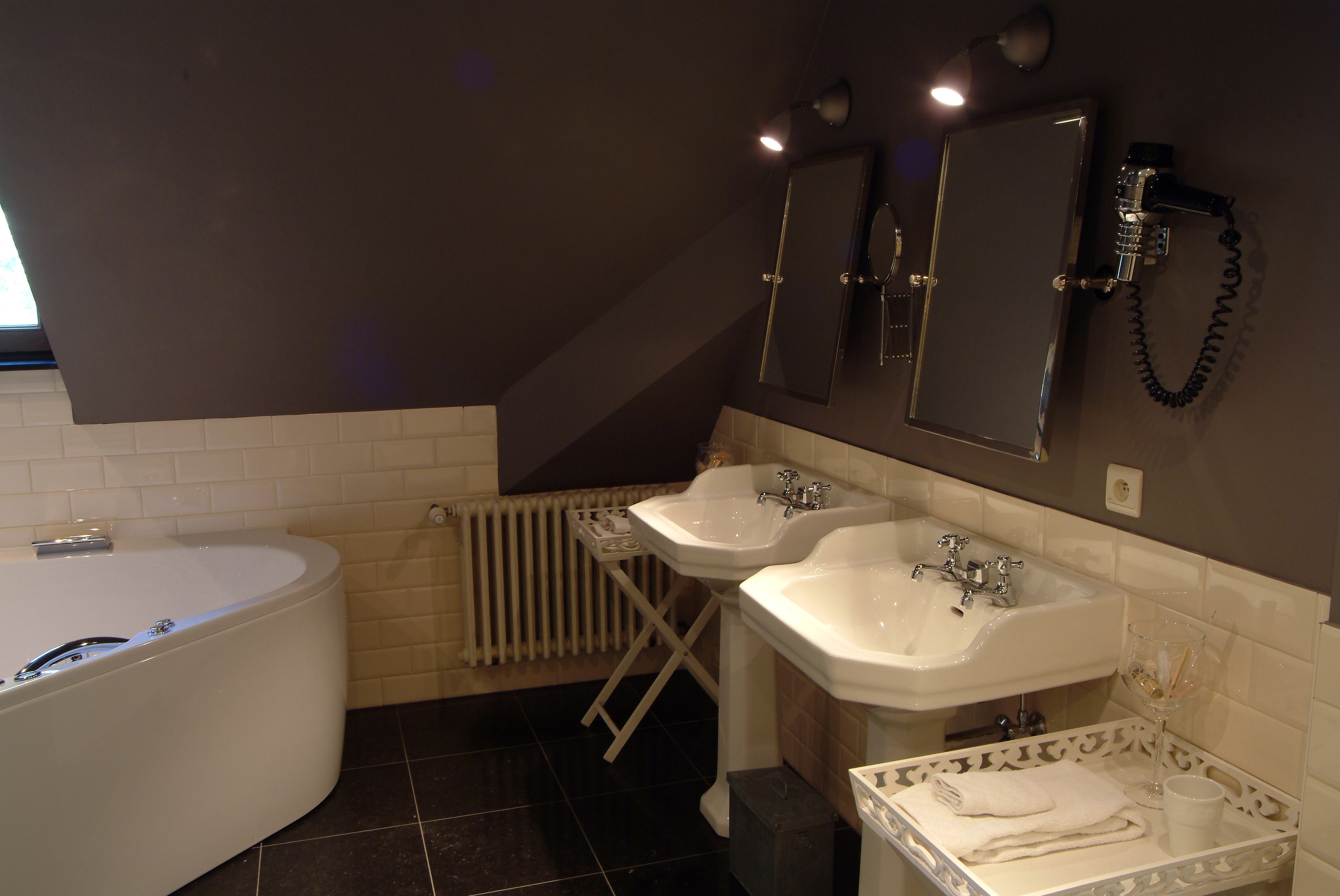 separate bathtub and shower, free toiletries, hair dryer, bathrobes