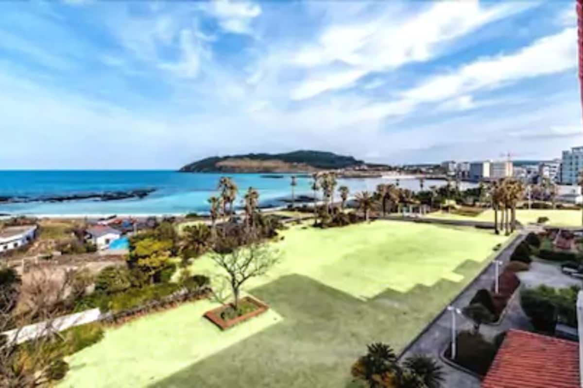 A view of a coastal area with a grassy field, a beach, and buildings in the background.