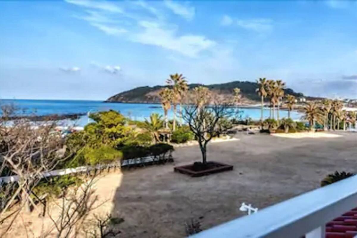 A beach view with palm trees, a sandy area, and a distant hill.