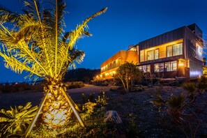 Een modern gebouw met een plat dak en grote ramen, omgeven door een aangelegd gebied met palmboompjes en rotsen.