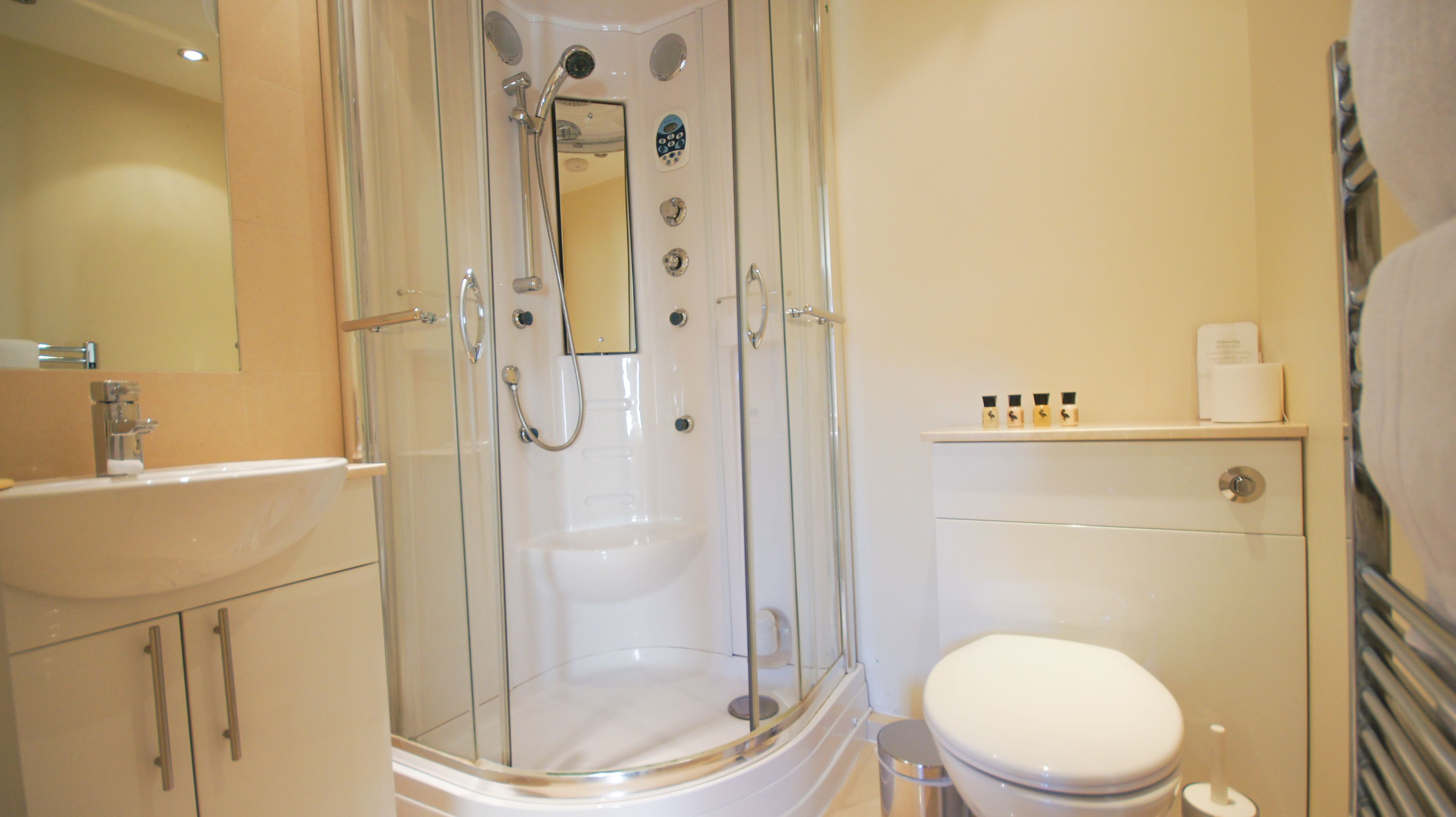 A modern bathroom with a glass-enclosed shower, a white sink, and a toilet.