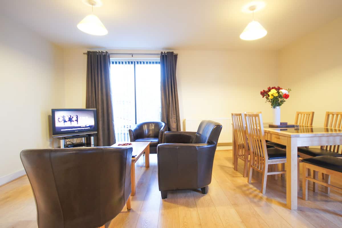 A living room with a television, leather chairs, a dining table with wooden chairs, and a vase with flowers.
