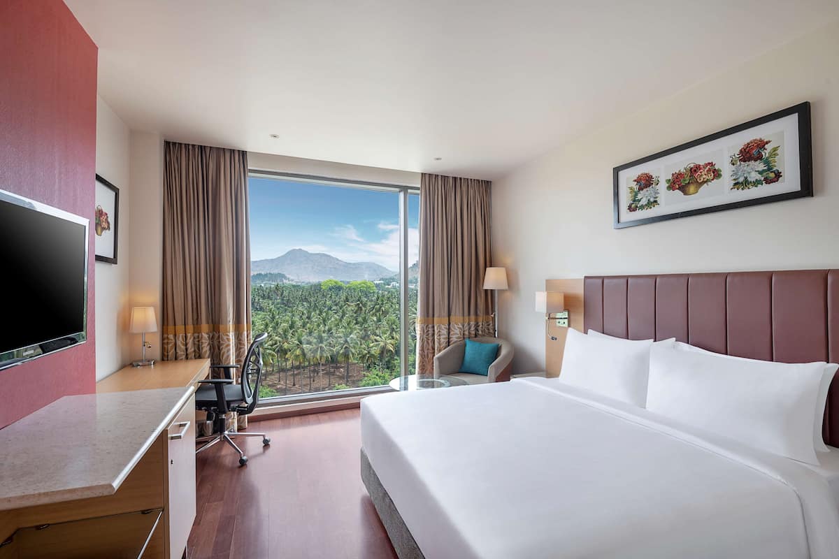 A hotel room with a large bed, a desk with a chair, a television, and a view of a mountain and trees.