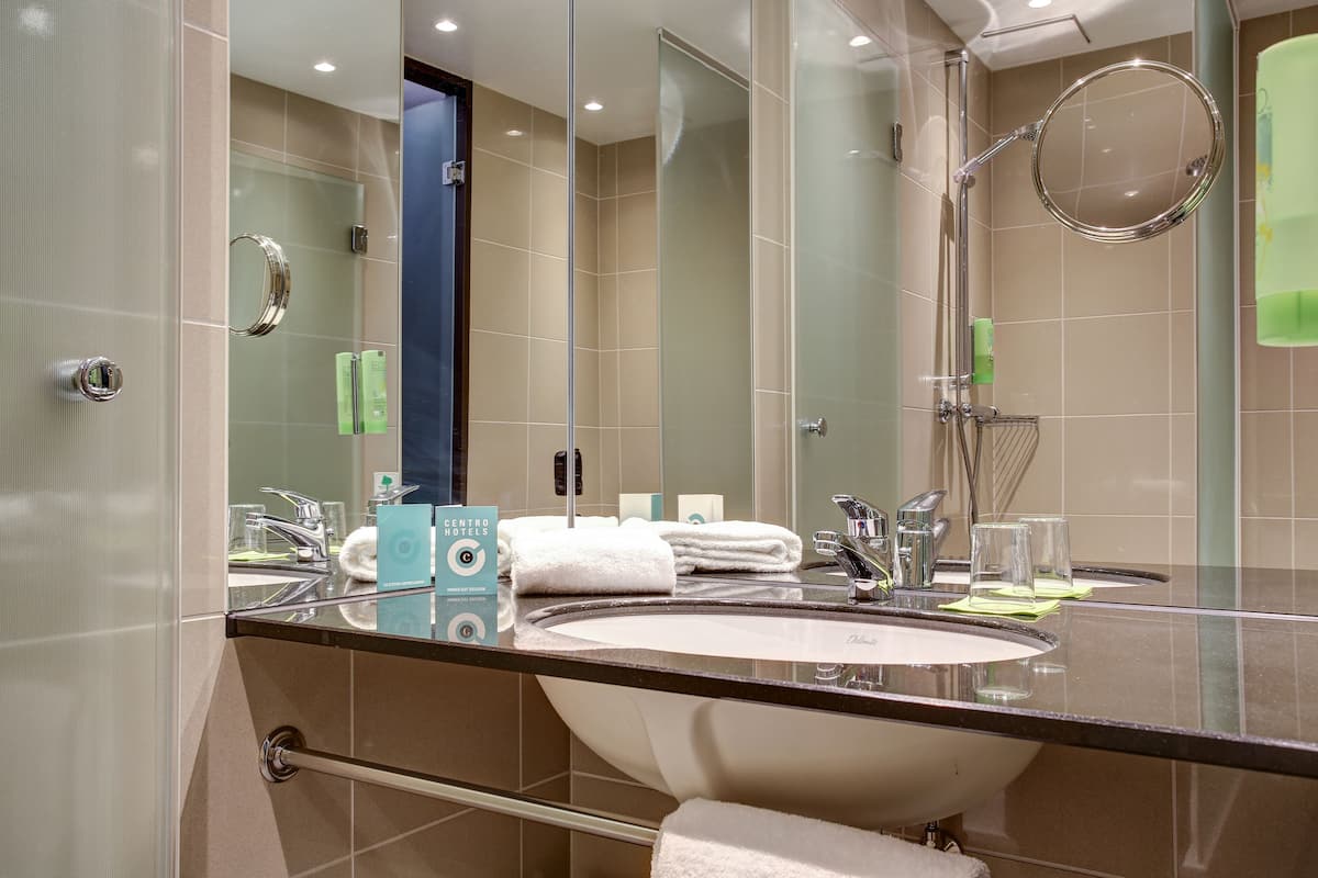 hydromassage showerhead, hair dryer, towels