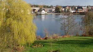 A serene lakeside view with houses in the background and a willow tree in the foreground. - Hazel Barn B&B (Diss)