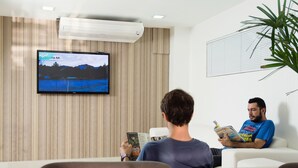Una sala de estar con un televisor de pantalla plana montado en la pared, una planta grande en maceta y una persona leyendo una revista.