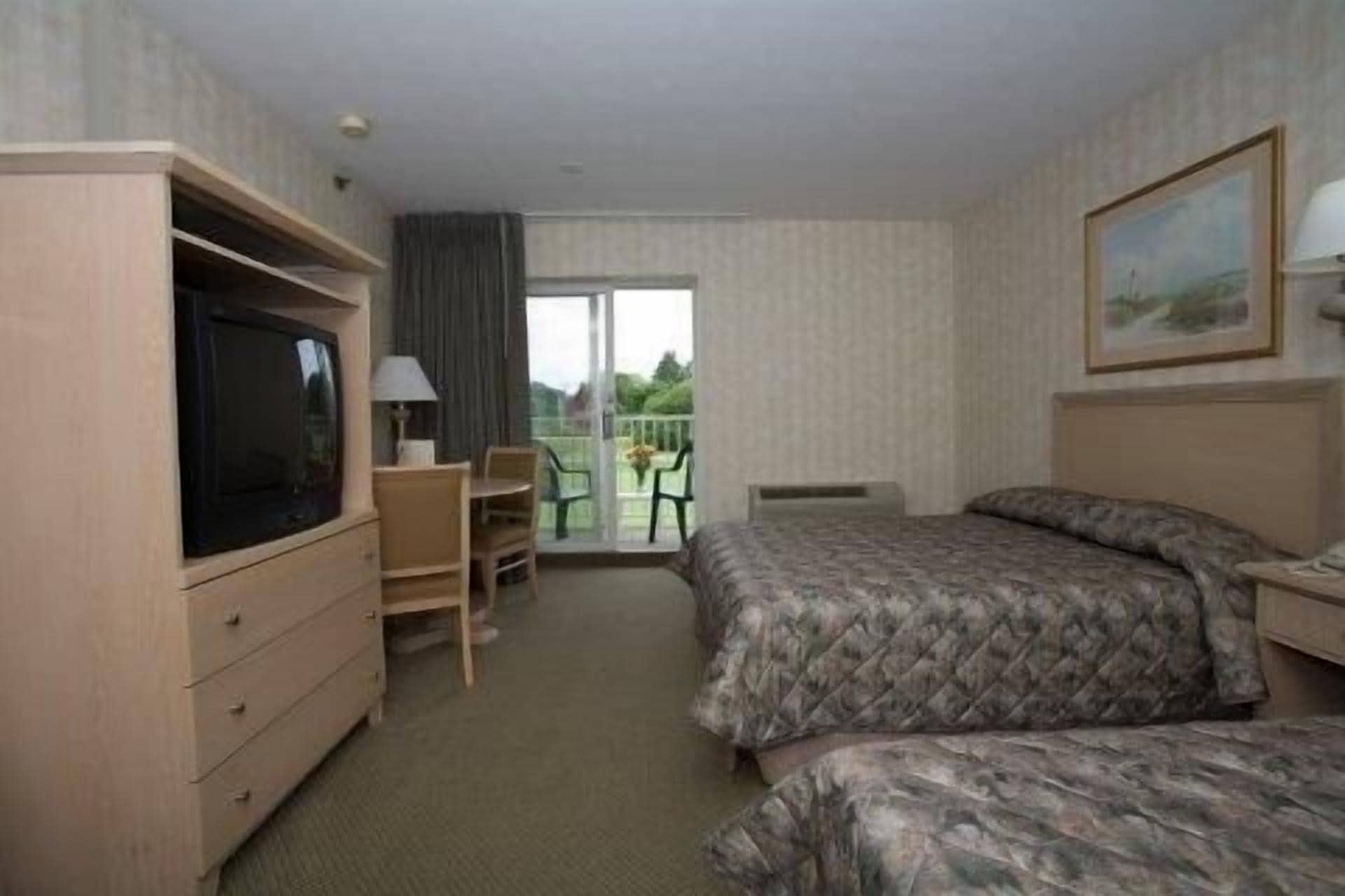 A hotel room with a bed, a TV, a desk, and a chair. There is a balcony with a view of greenery.