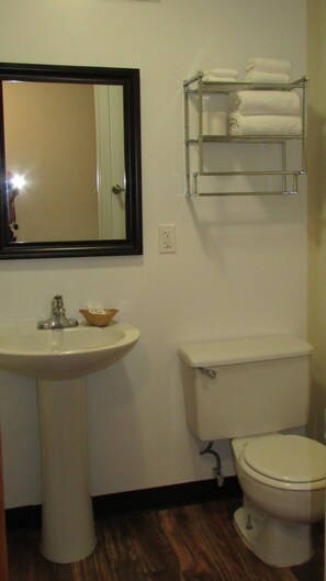 Ein Badezimmer mit Waschbecken, Spiegel, Toilette und Handtuchhalter.