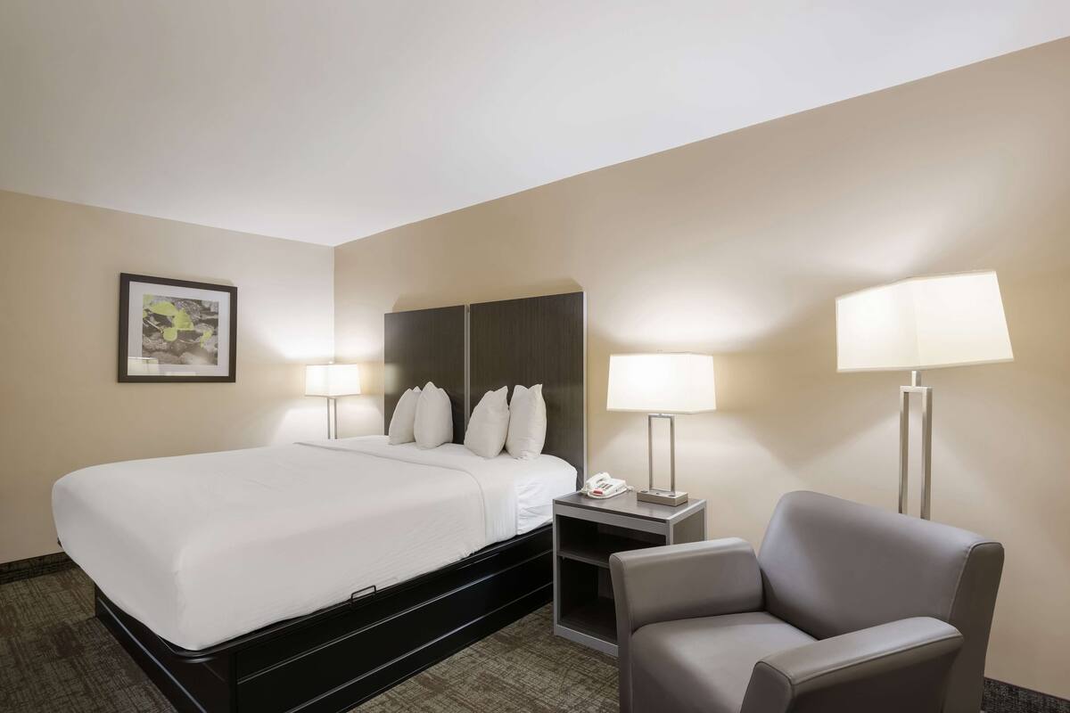 Ein Hotelzimmer mit einem großen Bett, zwei Nachttischen mit Lampen, einem Sessel und einem gerahmten Bild an der Wand.