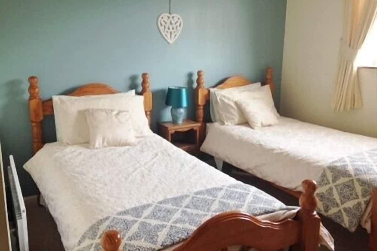 A room with two wooden beds, each with a white bedspread and a patterned pillow. There is a small table with a lamp between the beds.