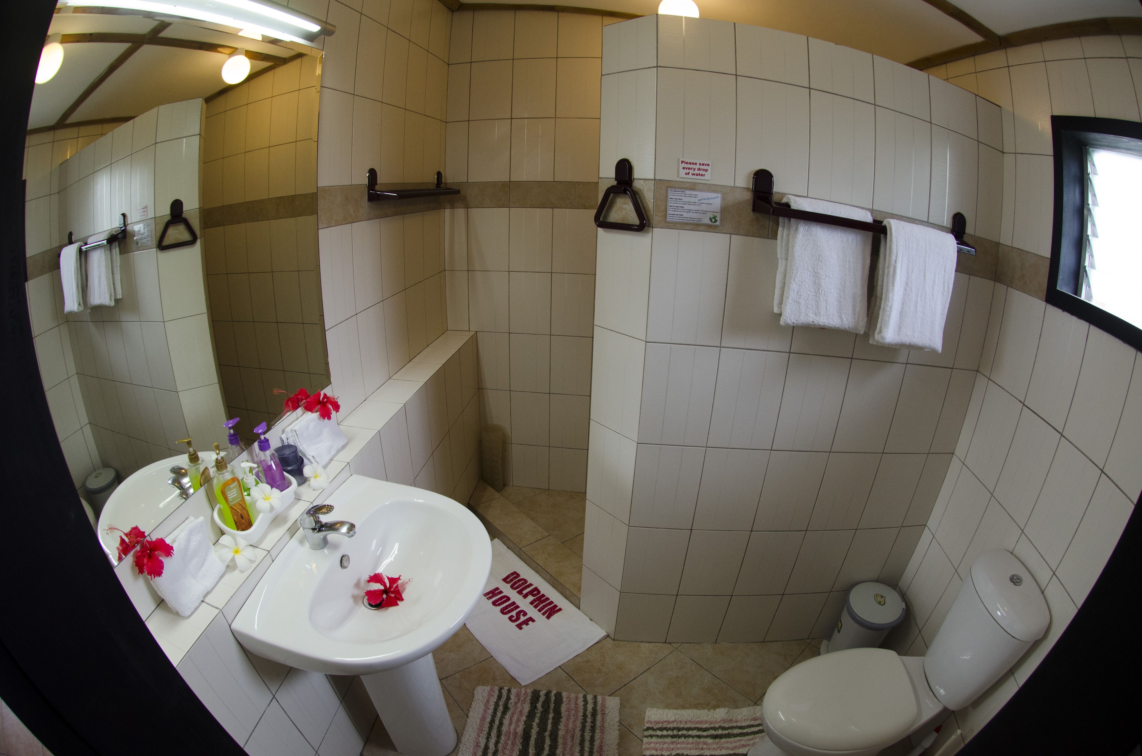 A bathroom with a sink, mirror, and toilet. There are towels hanging on the wall and a sign that reads "Dolphin House."