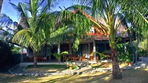 A tropical resort with palm trees, a thatched-roof building, and a paved walkway.