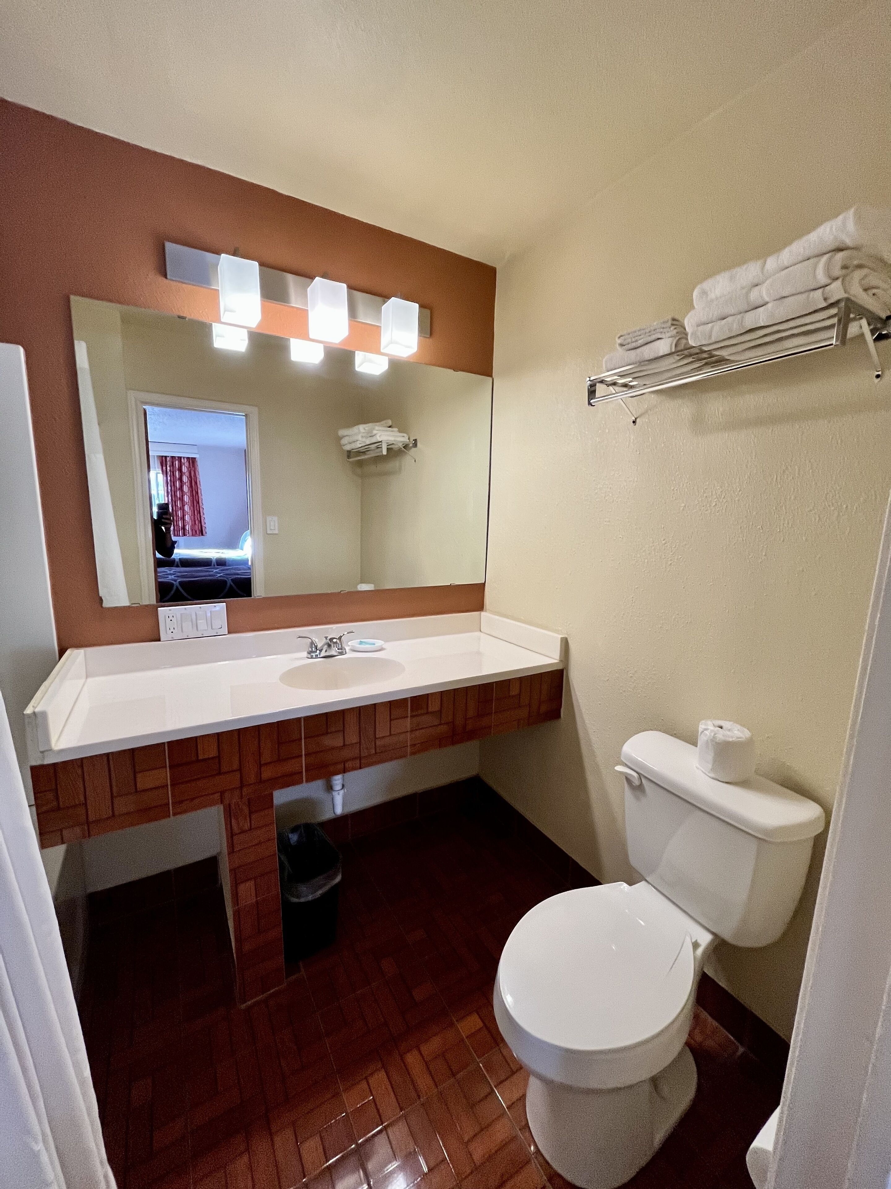 A bathroom with a white sink, a mirror, a toilet, and a towel rack.