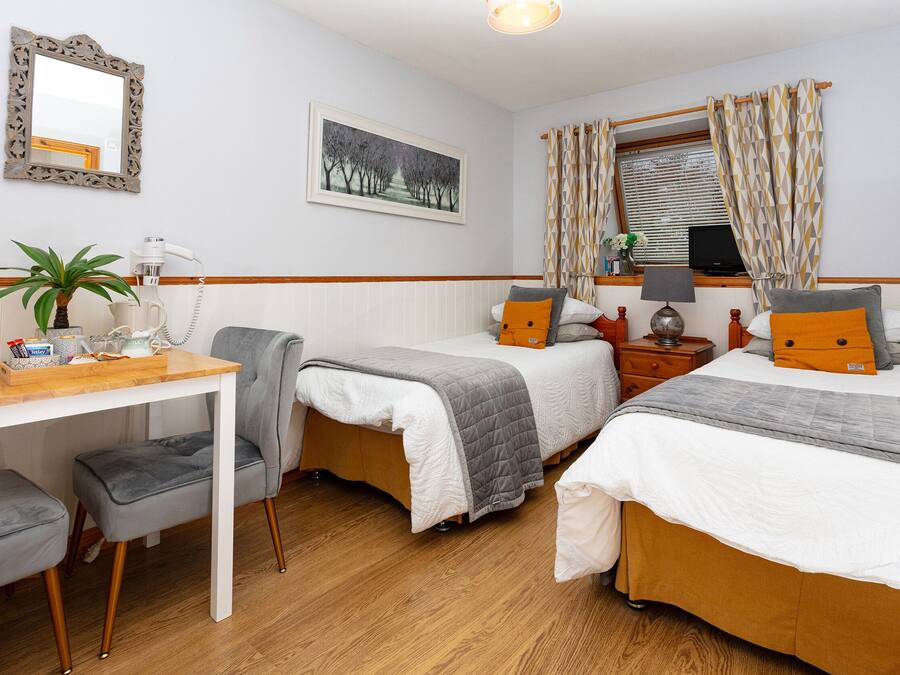 Ein Hotelzimmer mit zwei Betten, einem Schreibtisch, einem Stuhl, einem Fernseher und einem Fenster mit Vorhängen.