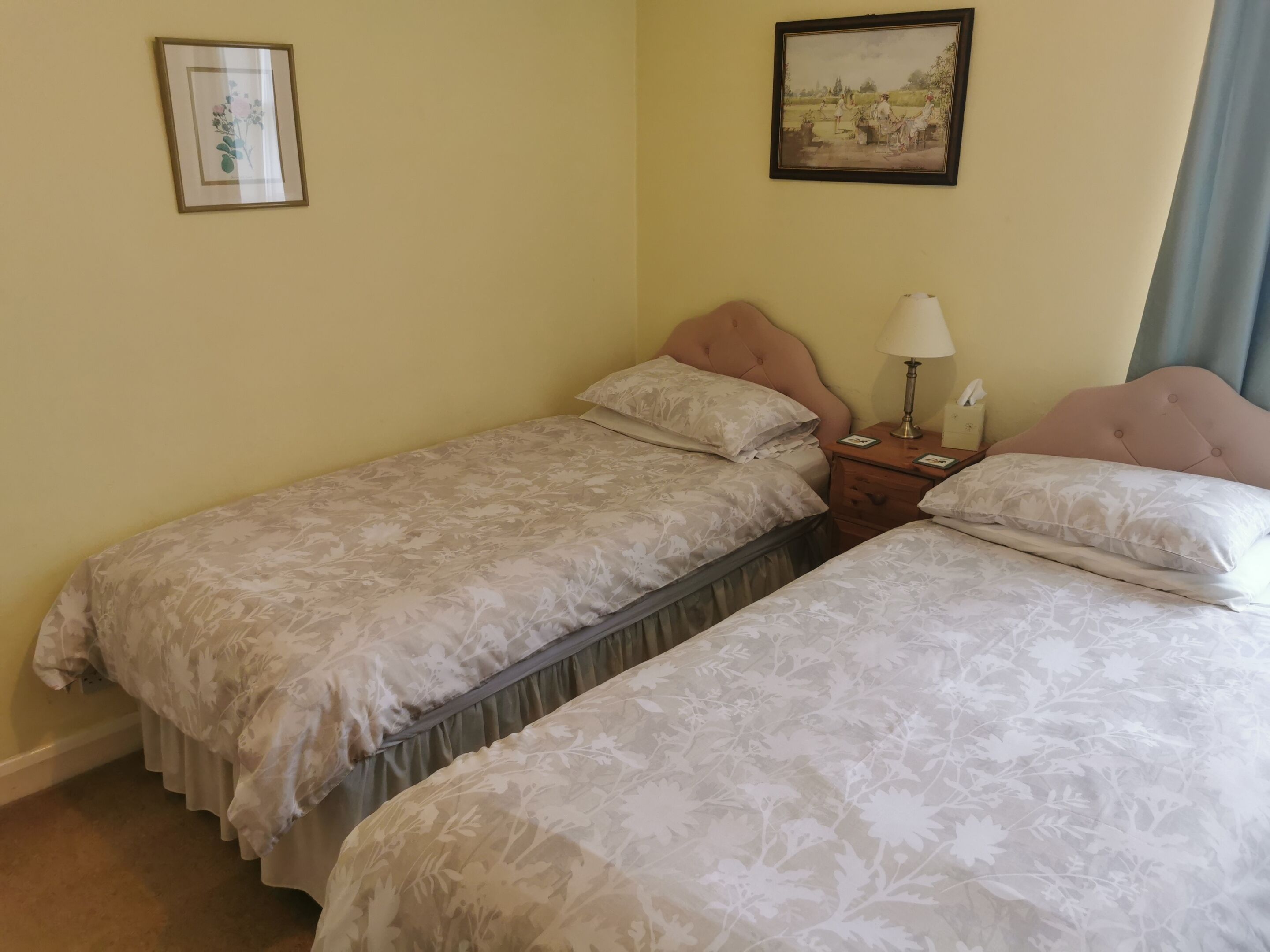 Una habitación con dos camas individuales, una mesita de noche con lámpara y un cuadro en la pared.