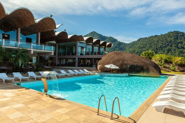 Outdoor pool, pool umbrellas, pool loungers