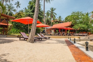 On the beach, sun loungers, beach umbrellas
