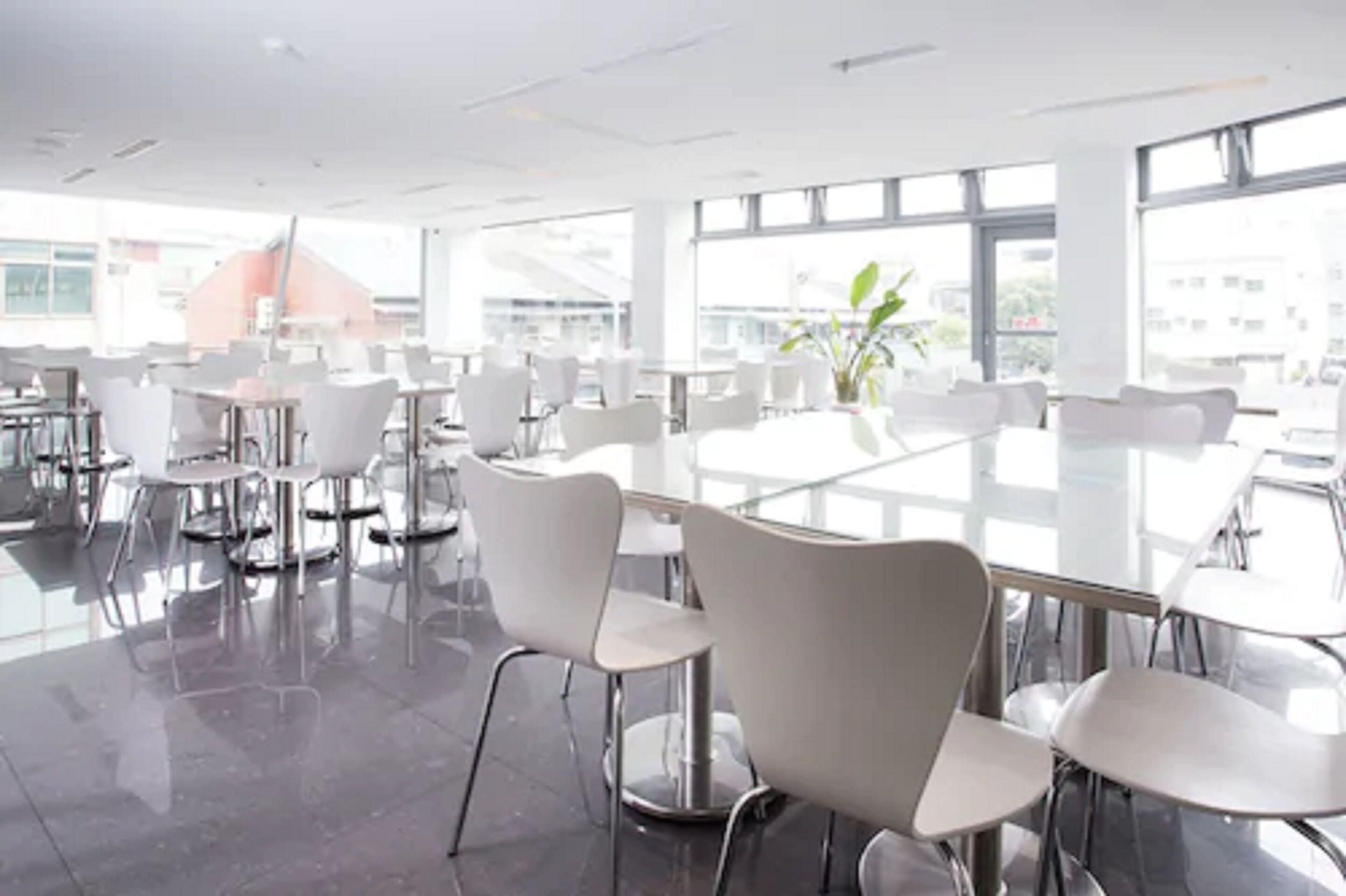 A spacious, modern dining area with white chairs and tables, large windows, and a clean, bright atmosphere.