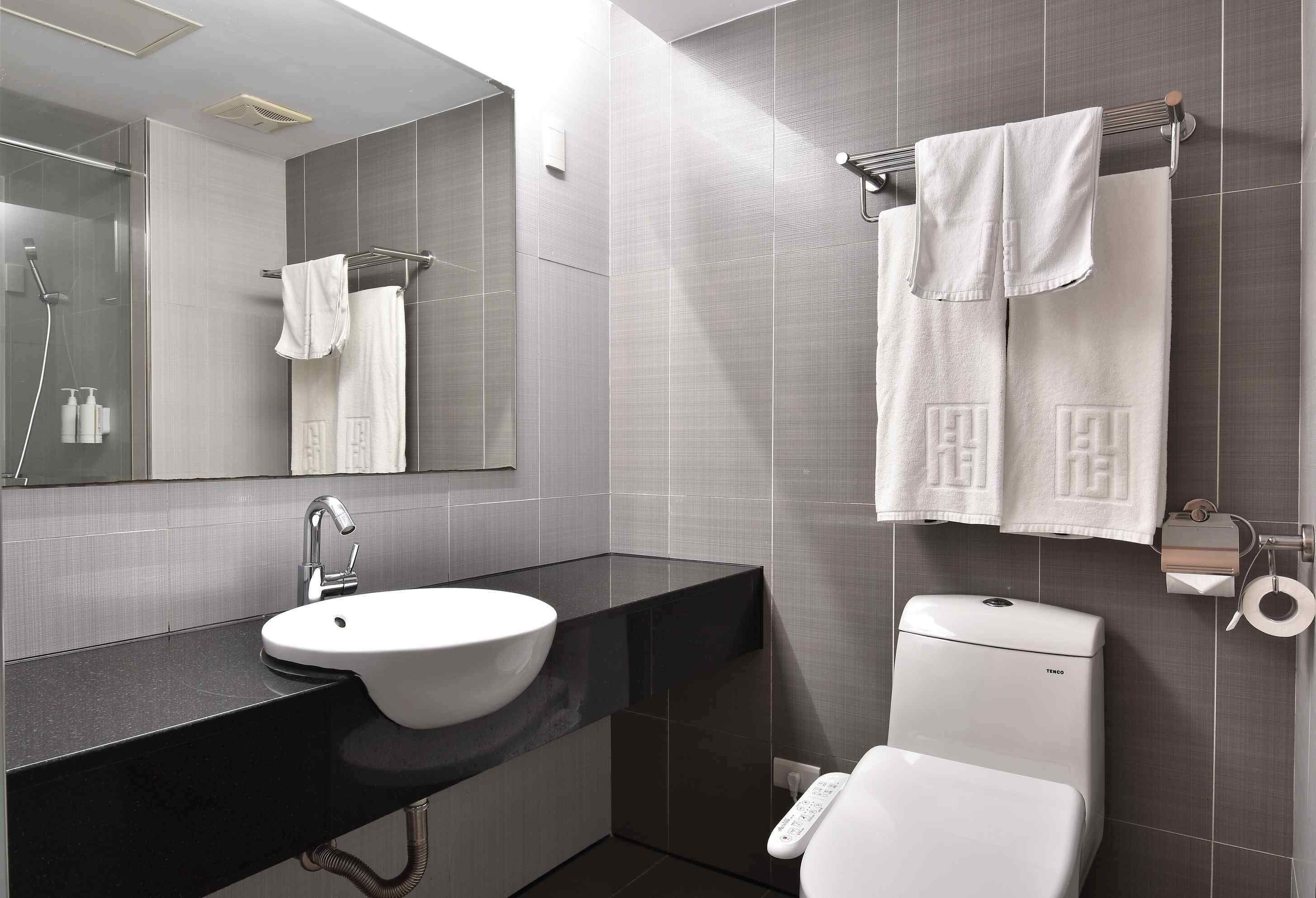 shower, slippers, towels