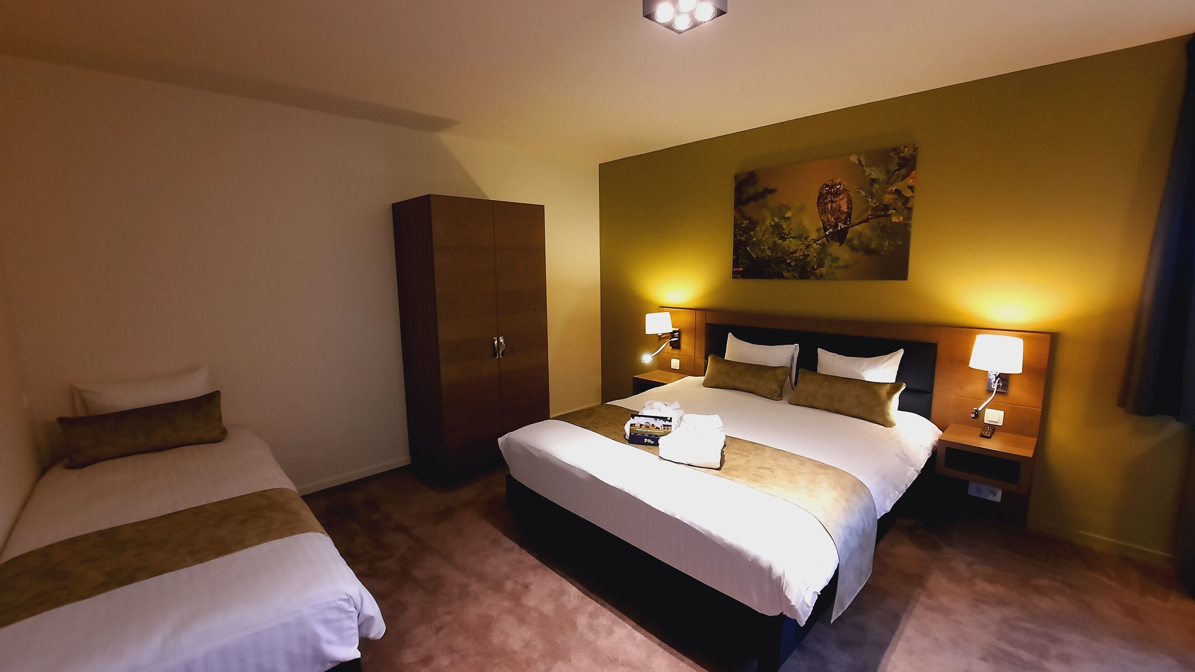 A hotel room with two beds, a wardrobe, a painting on the wall, and bedside lamps.