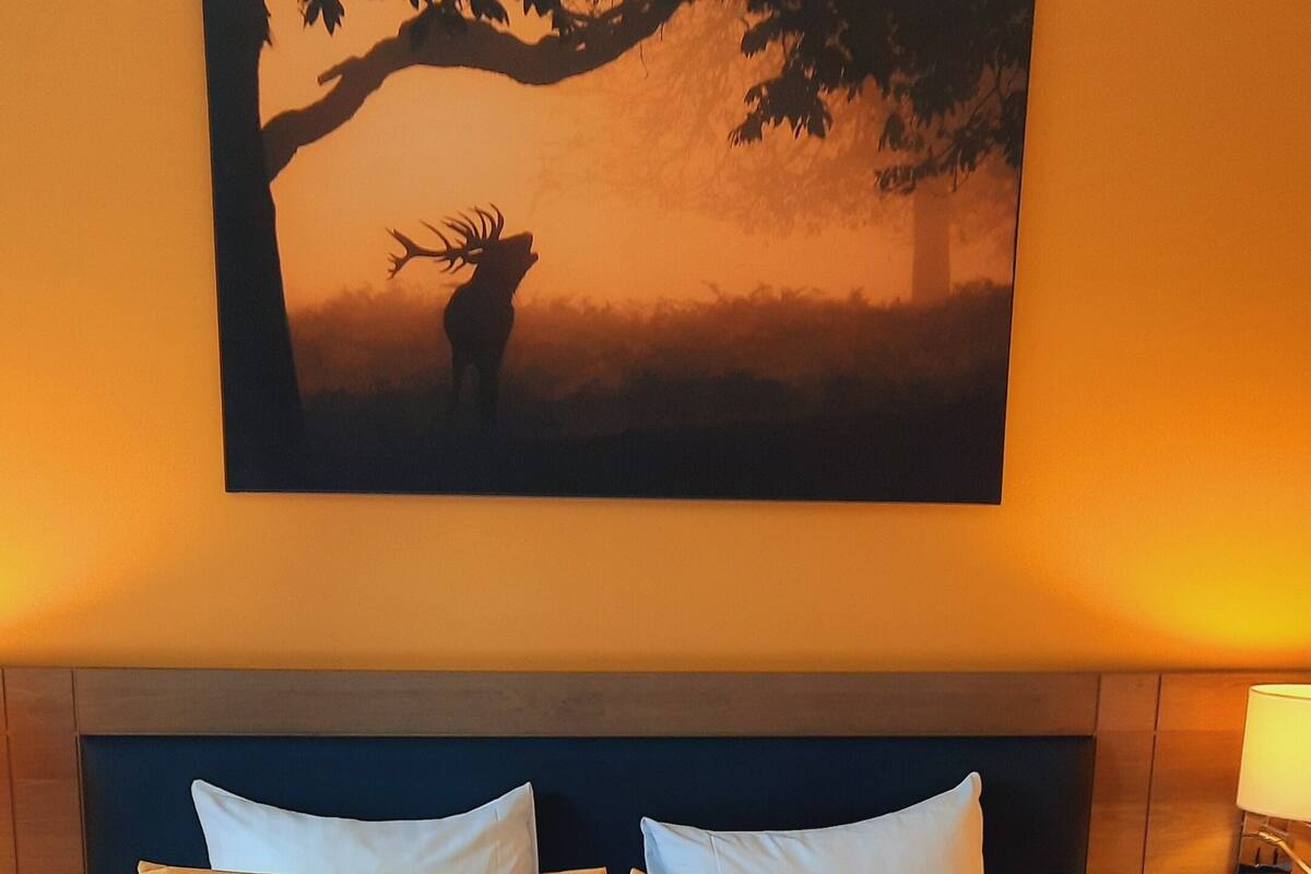 Ein ordentlich bezogenes Bett mit weißen Leinen und zwei orangefarbenen Kissen, ein Bild von einem Baum und Hirschen an der Wand sowie eine Nachttischlampe.