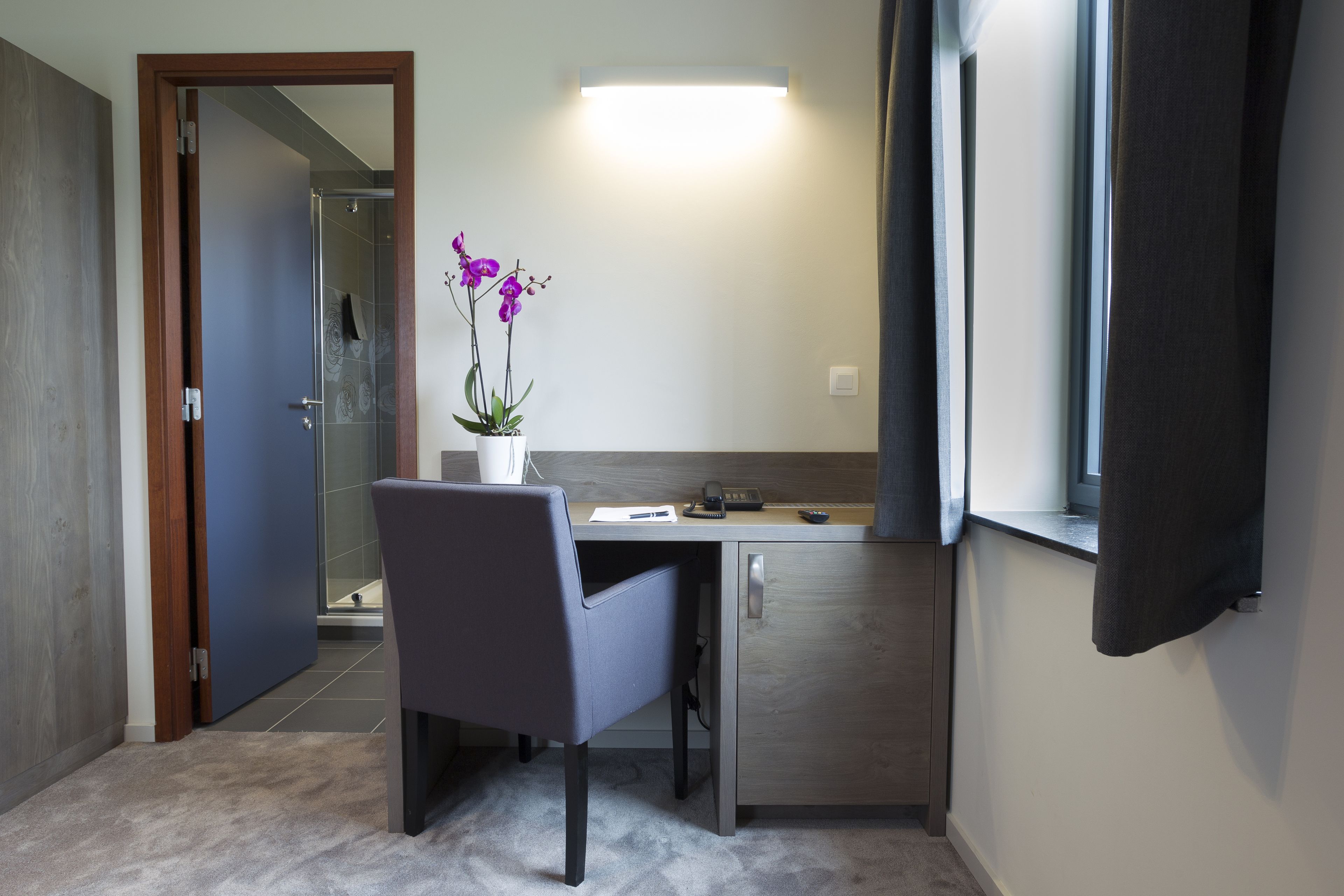 A small, modern room with a desk, chair, and a potted orchid.