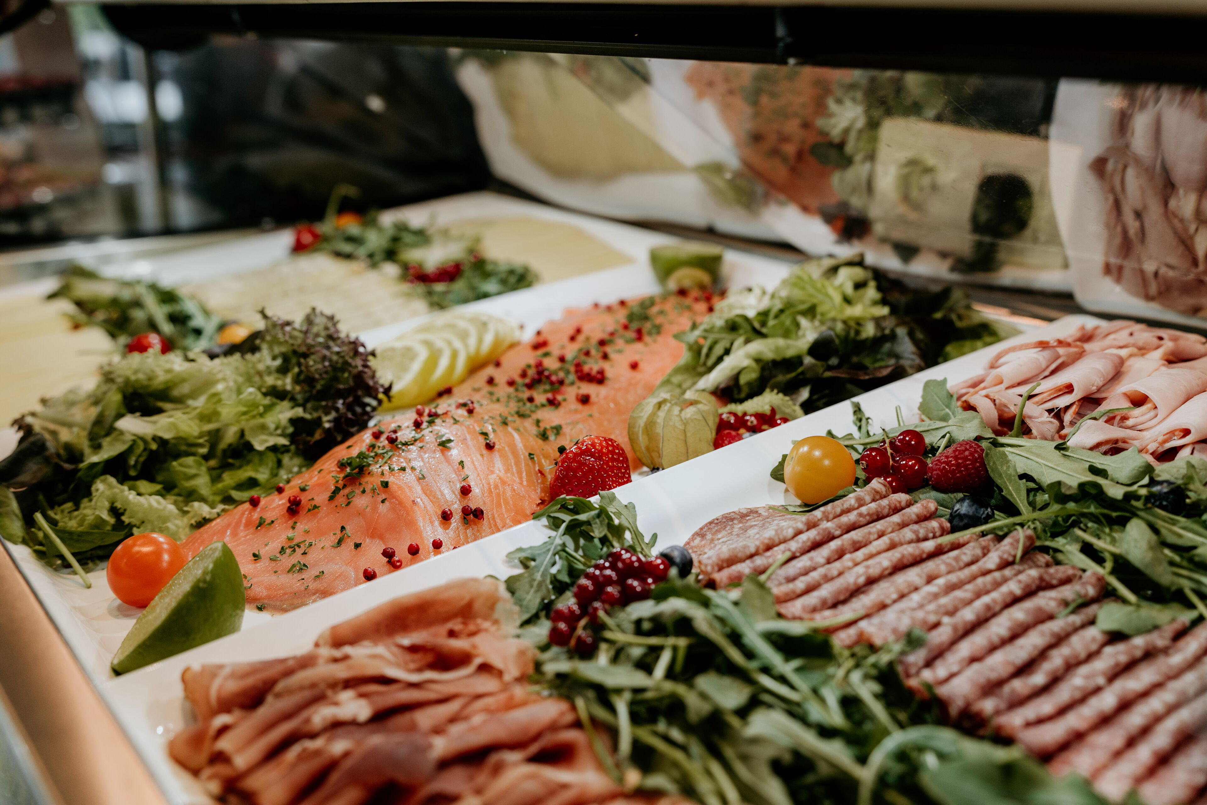 Diverses opcions gastronòmiques com salmó, carns i verdures presentades en un plat.
