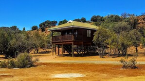 Una cabaña de madera con balcón, rodeada de vegetación seca y árboles, bajo un cielo azul despejado.