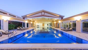 Indoor pool, outdoor pool, pool loungers