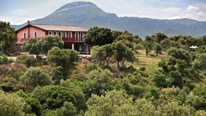 A red house with a balcony, surrounded by dense green trees and a mountain in the background.