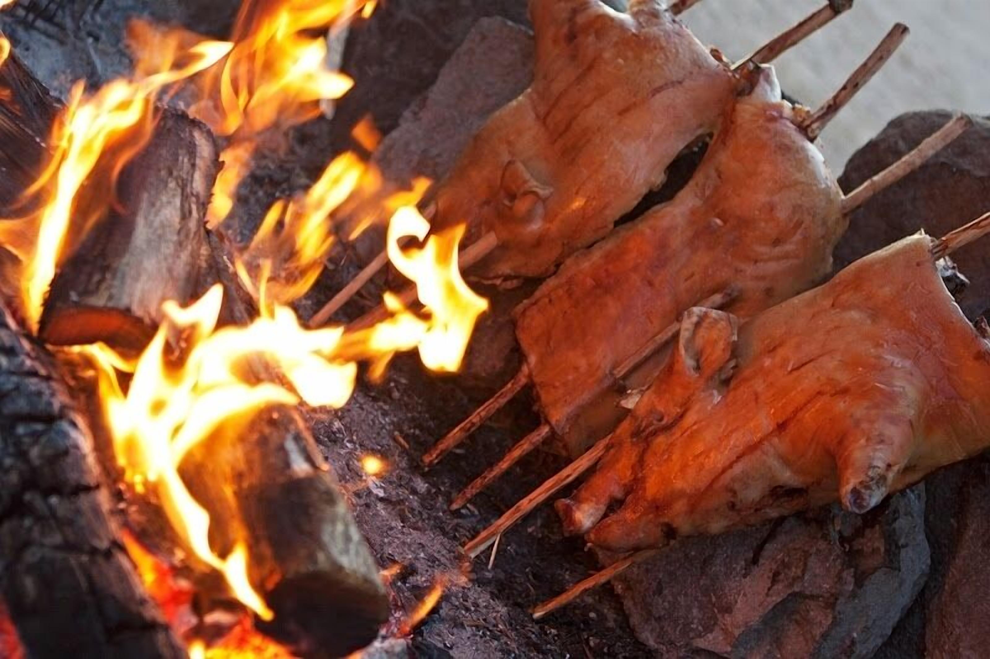 Brochetas de carne sobre fuego abierto.
