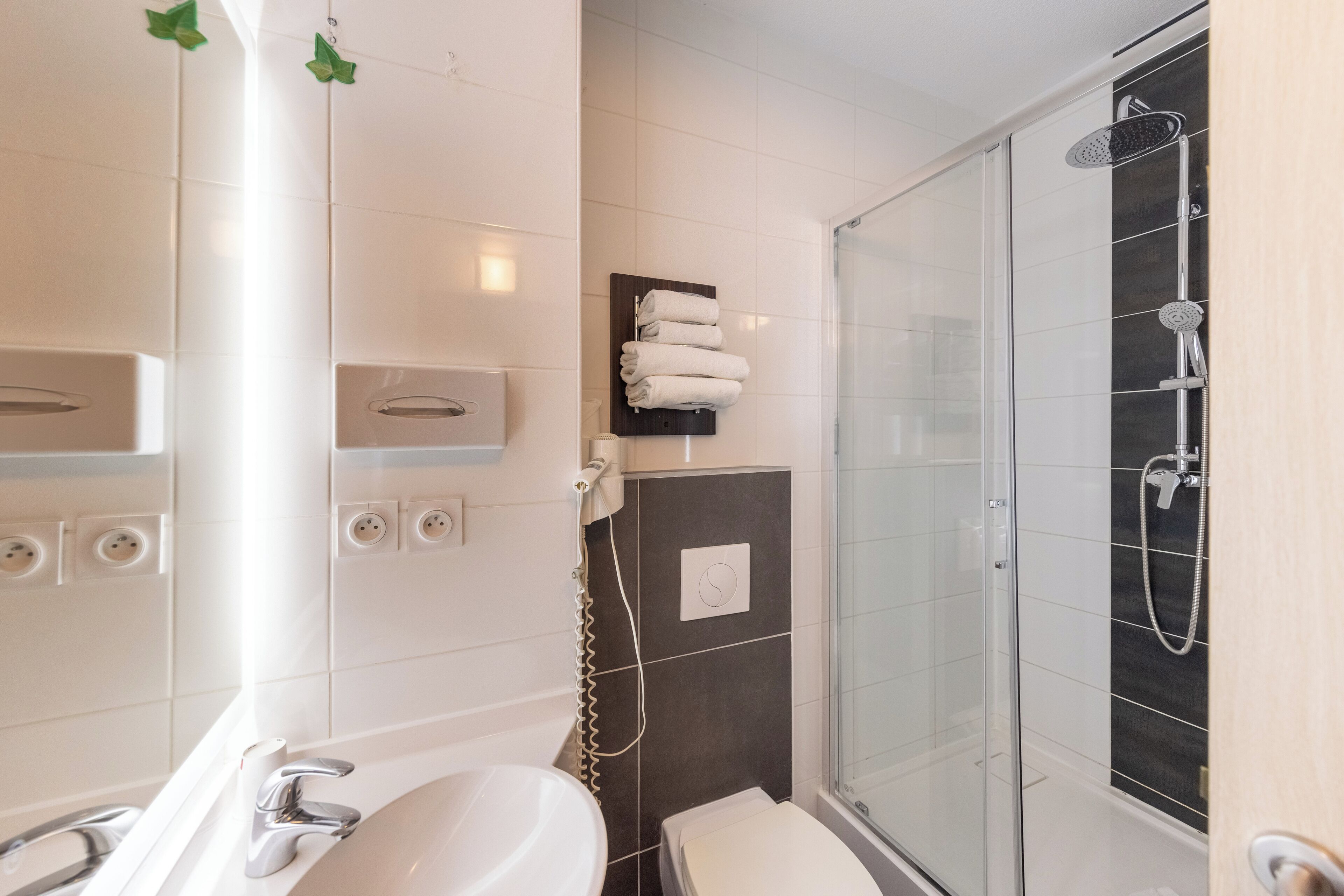 Une salle de bain moderne avec une douche à l’italienne en verre, un lavabo blanc et des toilettes.