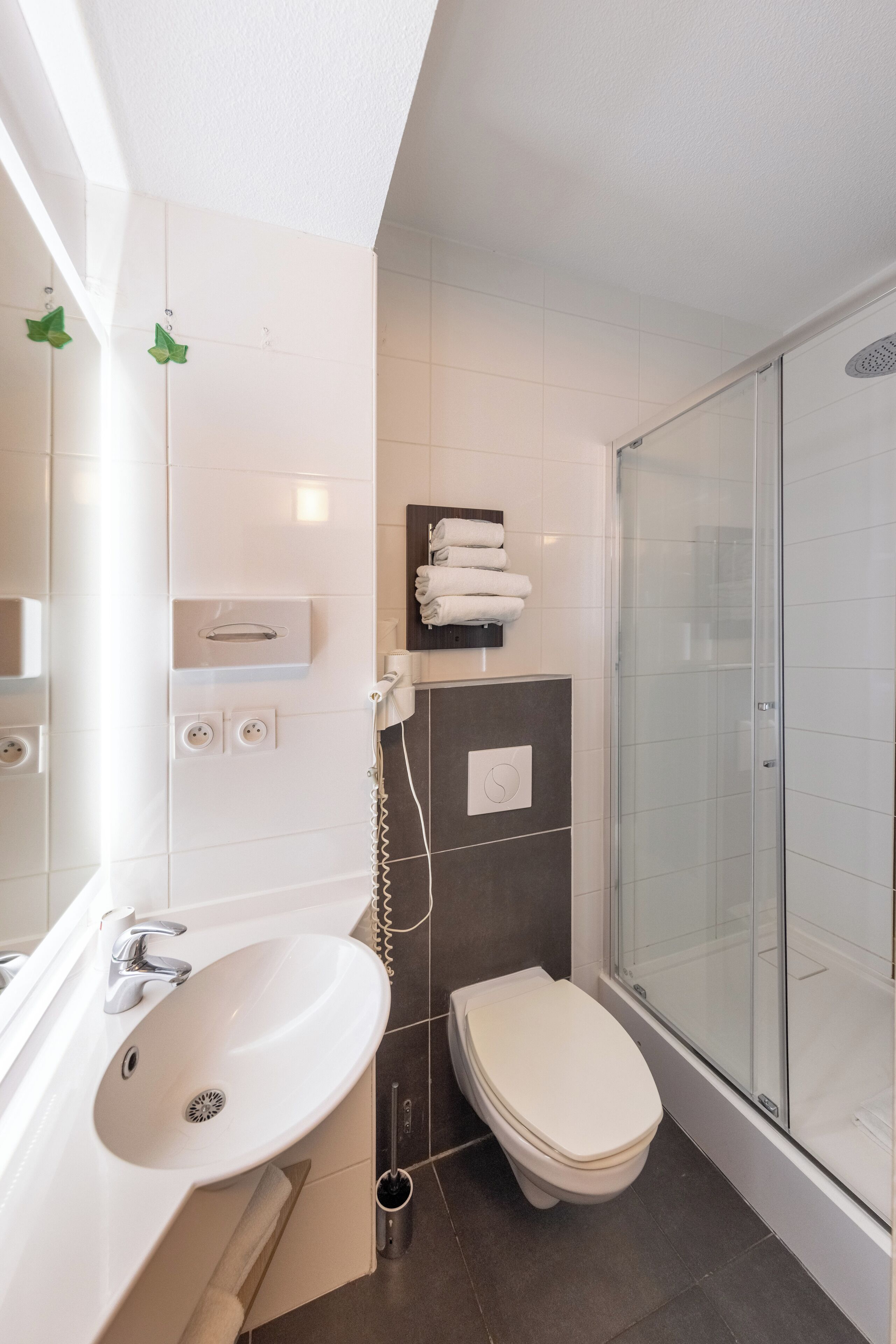 A modern bathroom with a white sink, a toilet, and a glass-enclosed shower.