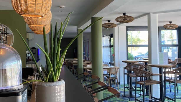A restaurant interior with wicker ceiling lamps, a large potted plant, and a view of the street outside. - Hôtel Pont Rouge, Carcassonne (Carcassonne)