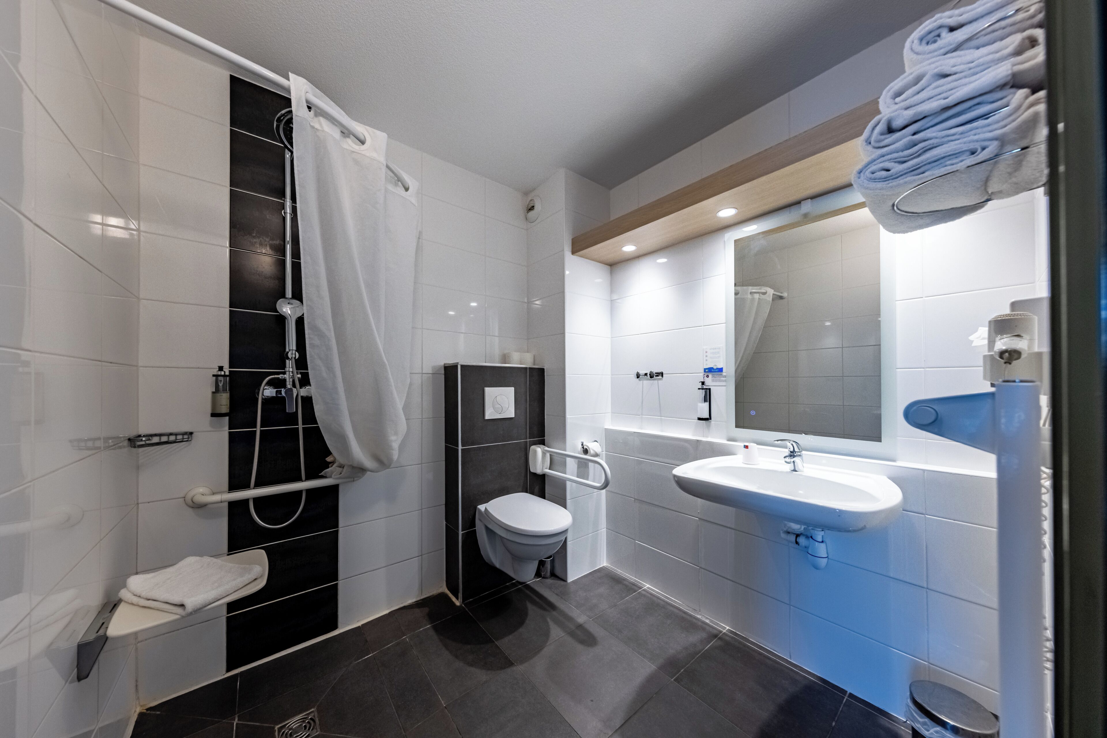 Une salle de bain moderne équipée d’une douche, de toilettes et d’un lavabo.